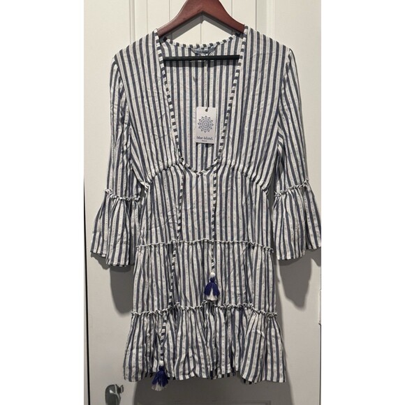 Blue Island Blue White Striped Boho Flowy Dress Swim Cover-up Size Small - Picture 1 of 3